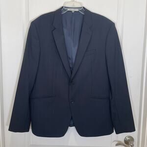 Zara Men's Blazer‎ Jacket Wool Navy Blue Subtle Plaid 2 Button Career 46